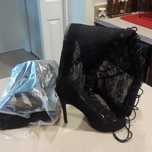 New black lace and suede thigh high boots